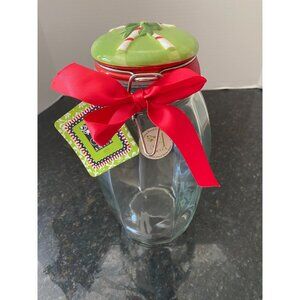 Amici 11" Clear Christmas Canister with Green Candy Cane Ceramic Lid